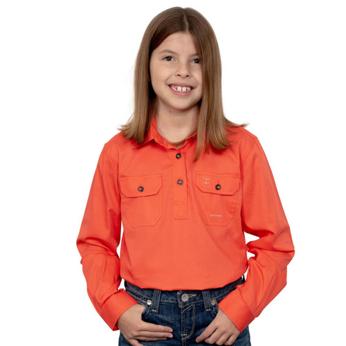 Just Country 60606 KIDS Kenzie Longsleeve Closed Front Shirt in Hot Coral Bulk Buy Deal, Buy 4 or more Just Country Kids Shirts for dollar39.95 Each