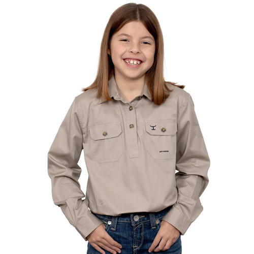 Just Country 60606 KIDS Kenzie Longsleeve Closed Front Shirt in Stone Bulk Buy Deal, Buy 4 or more Just Country Kids Shirts for dollar39.95 Each