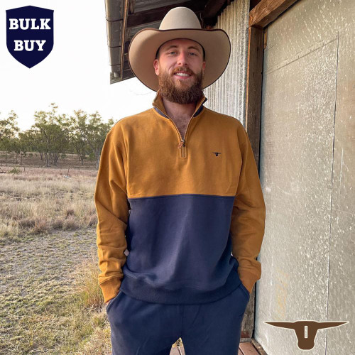  Born Out Here Long Sleeve 1/4 Zip Quality Fleece BF606 in Navy/Tobacco (Buy 4 for $79.95each) 