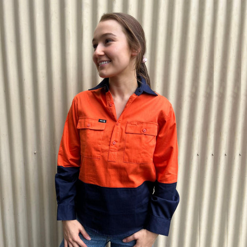  Hammer and Needle Ladies Cotton Drill Long Sleeve/Closed Front Hi-Vis Work shirt in Orange/Navy (Bulk Deal Buy 4+ for $44.95 each) 