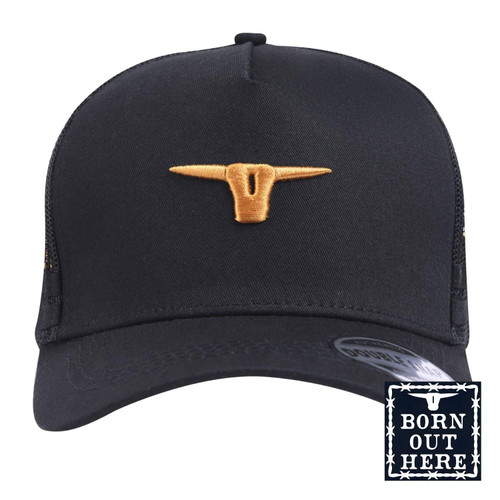  Born Out Here Big Trucker Cap With 3D Logo in Black/Gold 