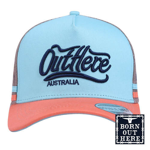  Born Out Here Big Trucker Cap with Out Here Script in Aqua/Terra 