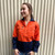  Hammer and Needle Ladies Cotton Drill Long Sleeve/Closed Front Hi-Vis Work shirt in Orange/Navy (Bulk Deal Buy 4+ for $44.95 each) 