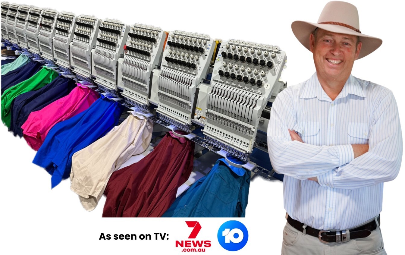 Polos with embroidered logos hanging in store