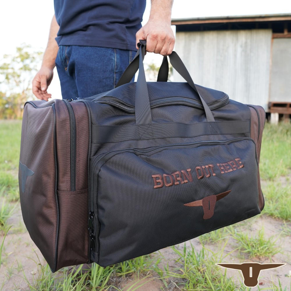 Born Out Here Outback Livin Gear Bag in Black/Chocolate Golders Toowoomba
