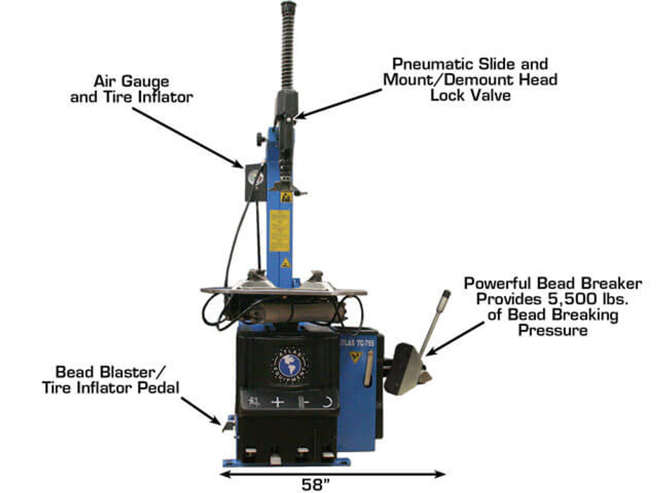 Atlas® TC755 “Tilt-Back” Electric/Pneumatic Tire Changer w