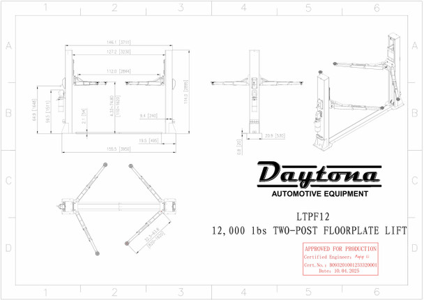 Daytona LTPF12 12,000lb 2-Post Floorplate Lift