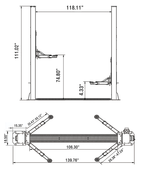 Fortisky FL-120GX 2-Post Car Lift 12,000 lb Capacity Single Point Lock Release