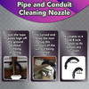 Images of pipe brushes cleaning pipes and conduits as well as an image of the brush dimensions.