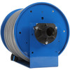 Three quarter view of blue hose reel with vacuum hose connection.