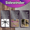 Images of the Sidewinder's swivel head, average area coverage compared to push/pull nozzles, and Sidewinders cleaning carpet in a narrow space and a ventilation register near the ceiling.