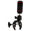 Phone holder connected vertically to a clamp.