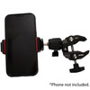 A phone sitting in the phone holder that's connected to a clamp.