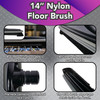 Nylon floor brush images focusing on the window cut to allow air flow and vacuum debris instead of push it, the rubber bumper to protect walls and furnishings, the neck that connects to 1.5 inch wands with ABS locking collars, and the wide brush edge to trap debris as you vacuum.