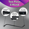 A black two-piece S-wand with zoomed in images of the ABS locking collar, the button lock feature, and beaded 1.5 inch hose end.