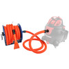 Large hose reel with orange claw tool orange hose wound onto reel and link hose connected to a translucent Shop Vac.
