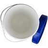 Top down view of white bucket with blue lid leaning against the bucket.
