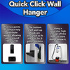 Images of the Quick Click wall hanger being capable of holding 100 pounds of weight, designed to fit the 5 gallon Cen-Tec bucket and a separator bucket hung high enough on a wall for a FEIN shop vacuum to sit underneath it.
