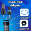 Images of the Quick Click threaded hose end, click ring and how it connects to a hose and adapters.