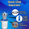 Image of Quick Click Separator on a 5 gallon bucket with side pictures and info about the commercial grade O-ring gasket, baffle, and that it comes pre assembled. Image of Quick Click Separator on a 5 gallon bucket with side pictures and info about the commercial grade O-ring gasket, baffle, and that it comes pre assembled.