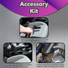 Images showing an upholstery tool cleaning a car seat, a crevice tool cleaning between the seat of a car and the center console, and a dust brush cleaning a circular saw.