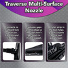 Images of the Traverse multi-surface floor nozzle connected to a J/S-wand, the indents on the bottom to ensure air flow even on thicker carpet, and the nylon brush strip for hard floors as well as grooming carpets.