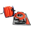 Blue steel reel with 50 foot orange hose, vacuum link hose, mesh caddy bag and cleaning accessories.