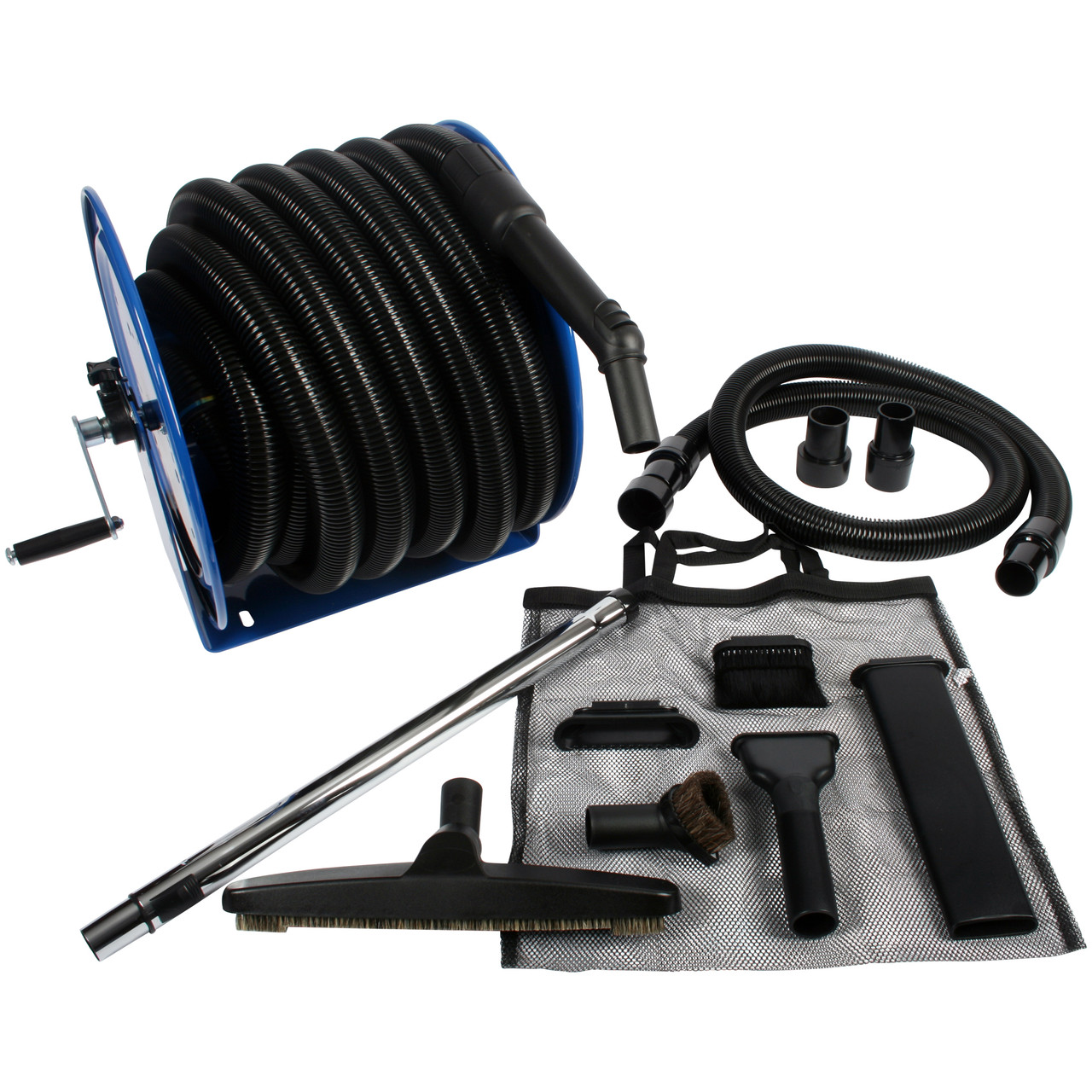 Industrial Grade Steel Hose Reel and Wet/Dry Vacuum Attachment Set
