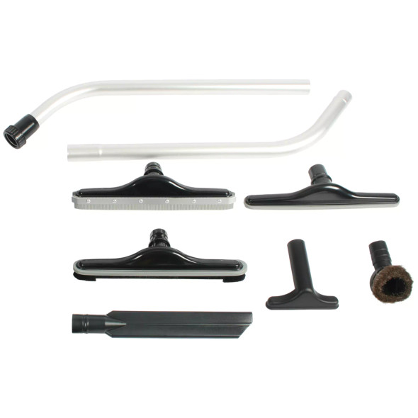 Aluminum 2-piece S-wand, carpet tool, squeegee tool, floor brush and cleaning accessories.