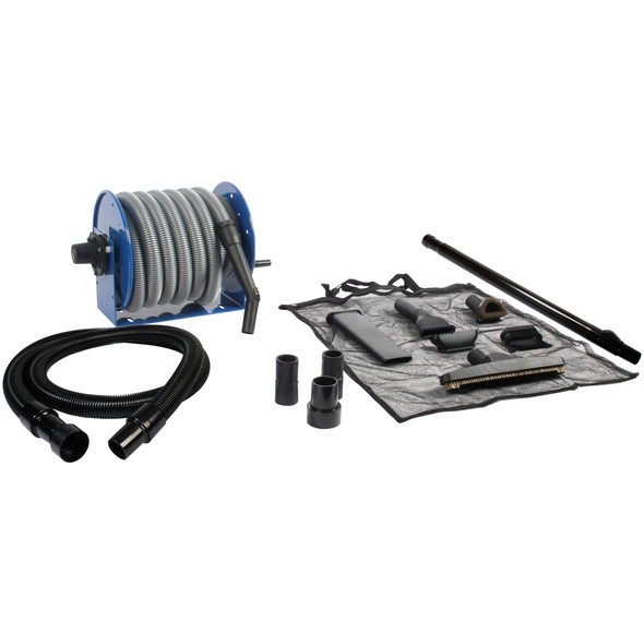 Blue hose reel with 30 foot silver hose, black linking hose, mesh caddy bag and cleaning accessories.