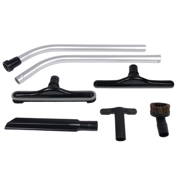 Aluminum S-wand, floor brush, carpet tool, crevice tool, dust brush and upholstery tool. Aluminum S-wand, floor brush, carpet tool, crevice tool, dust brush and upholstery tool.