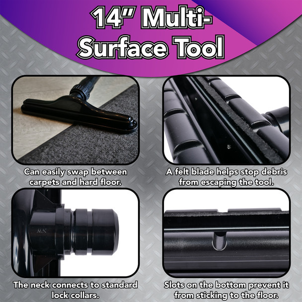 Multi-surface tool images focusing on vacuuming both carpet and hard floor, the felt blade, the neck that connects to 1.5 inch wands with ABS locking collars, and slits on the bottom to ensure air flow to prevent suction to the floor.