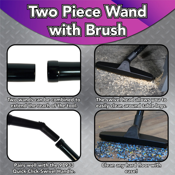 Images showing the features of the wands and floor brush including: how the wand is in two pieces, the swivel head, how it connects to the handle, and that it can clean any hard surface.