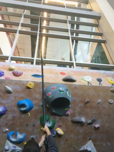 Person using Reach to clean a second story window ledge.