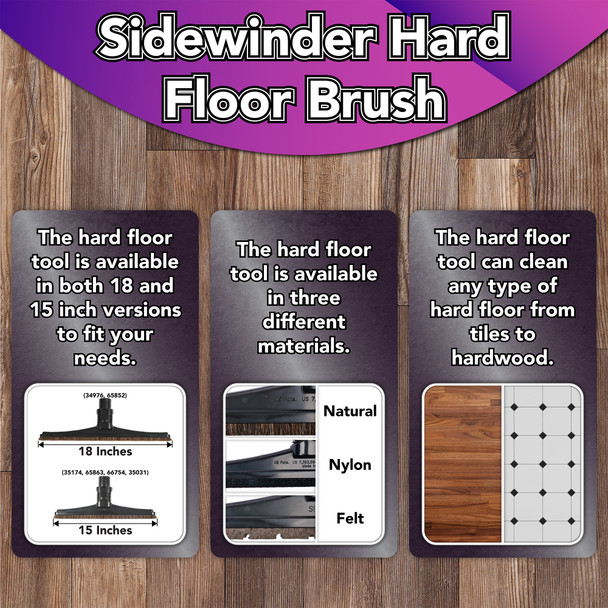 Images of the brush Sidewinder dimensions, natural, nylon and felt versions, and different hard floors that the Sidewinders can be used on.