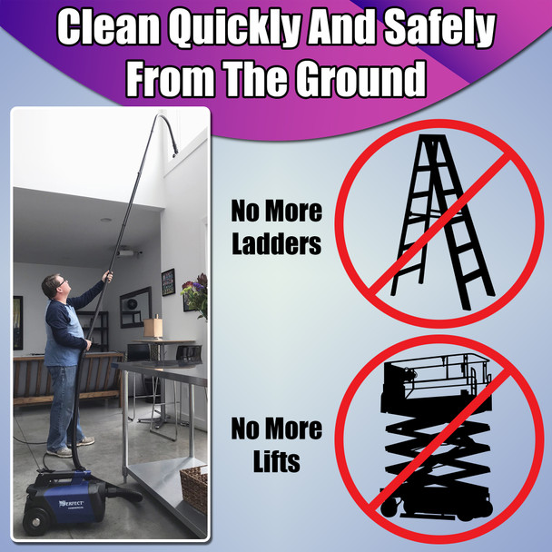 Clean quickly and safely from the ground. No ladders, no lifts. Image of person cleaning a window ledge 10 feet above the ground with Reach equipment.