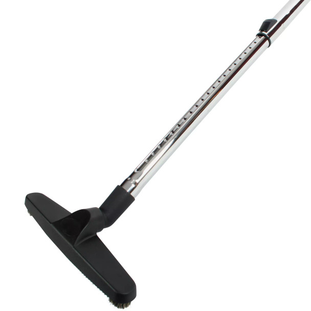 Floor brush connected to chrome telescopic wand.