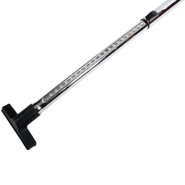 Upholstery tool attached to chrome telescopic wand.