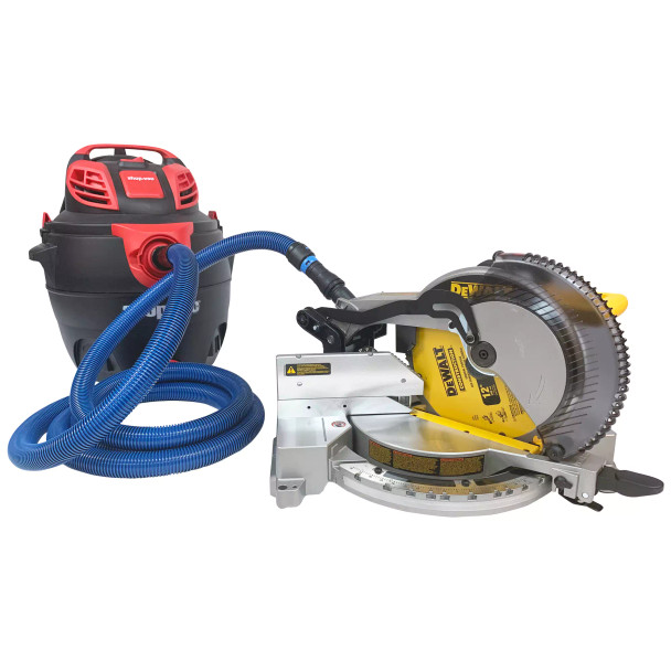 Antistatic vacuum hose connected to a miter saw and utility vacuum.