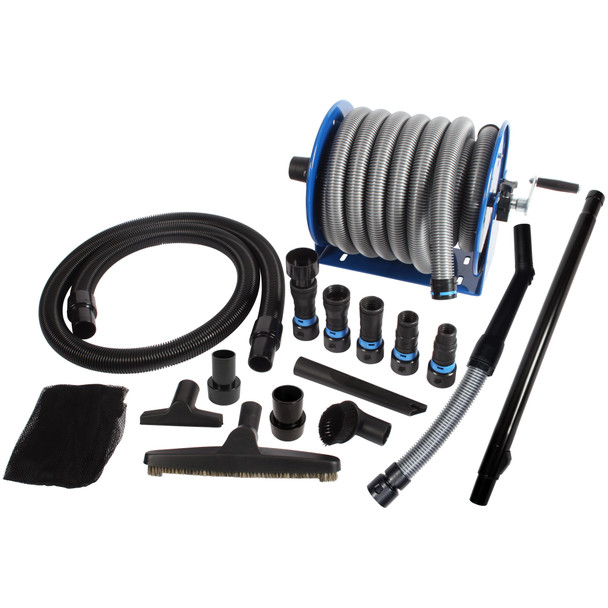 American Made Stainless Steel Hose Reel with 30 Ft. Dust Collection Hose, Quick Click Dust Collection Power Tool Adapters & Hose Reel Kit for Shop Vacs & Woodworking, Black (96139)