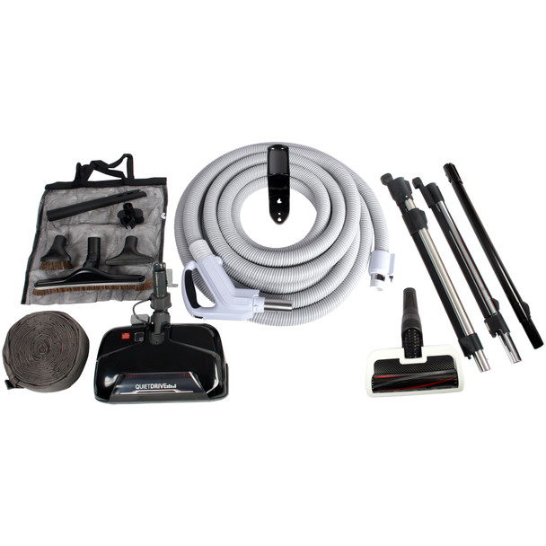 Black CT25QD, direct connect central vacuum hose, integrated chrome wand, black straight wand, mesh caddy bag and cleaning accessories.