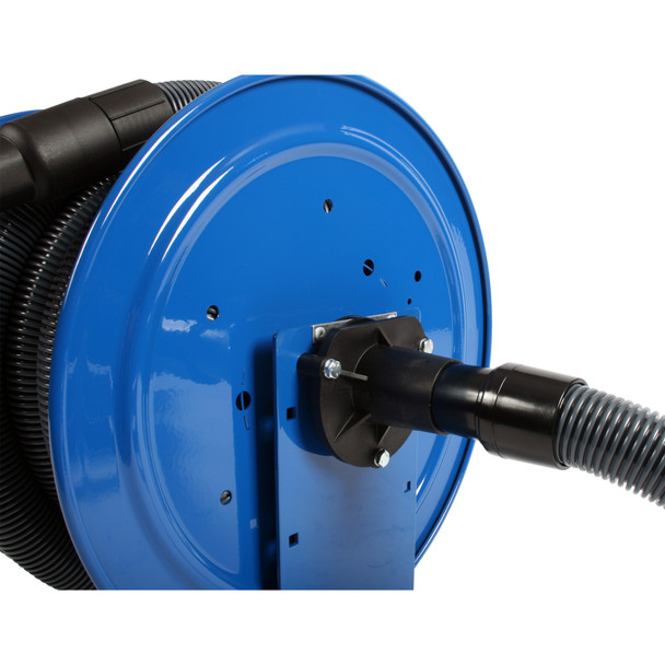 Close-up view of blue hose reel with vacuum linking hose connected.