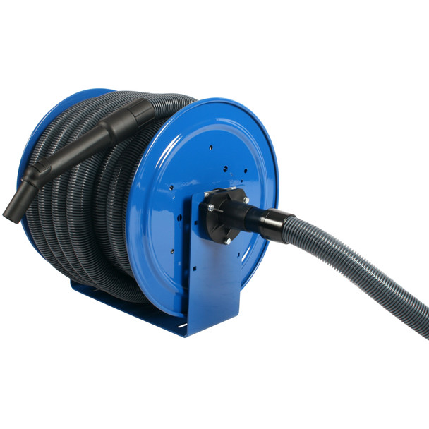 Three quarter view of blue hose reel with vacuum linking hose connected.