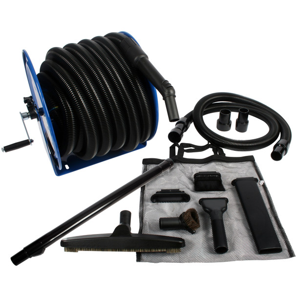 Blue hose reel with 50 foot black hose, linking hose, mesh caddy bag and cleaning accessories.