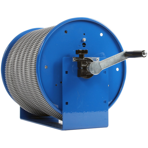 Three quarter view of blue hose reel with handle crank.