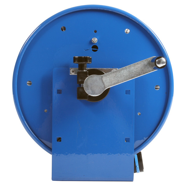 Side view of blue hose reel with handle crank.