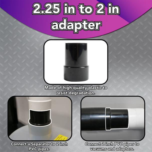 Images of the adapter connected to PVC pipes, a separator and other adapter.