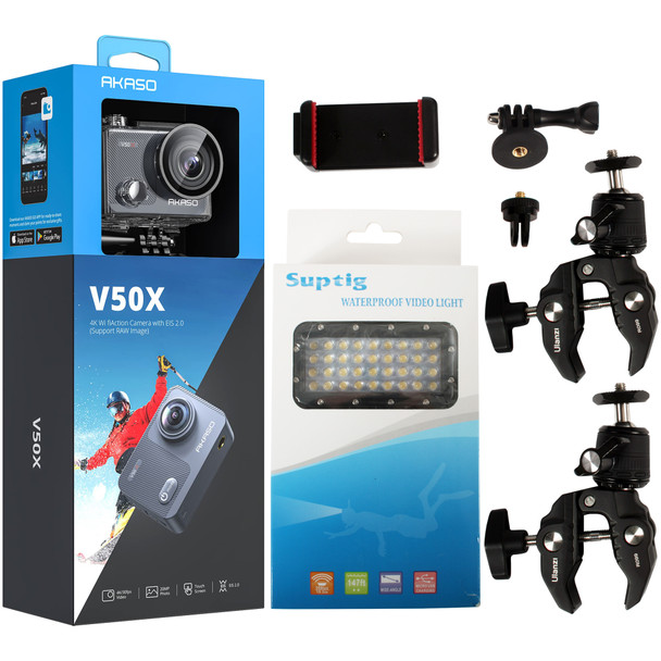 Kit of Akaso camera, light, phone holder and clamps.