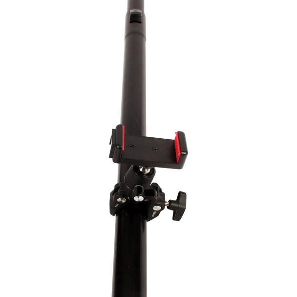 Clamp and phone holder connected to Reach pole.