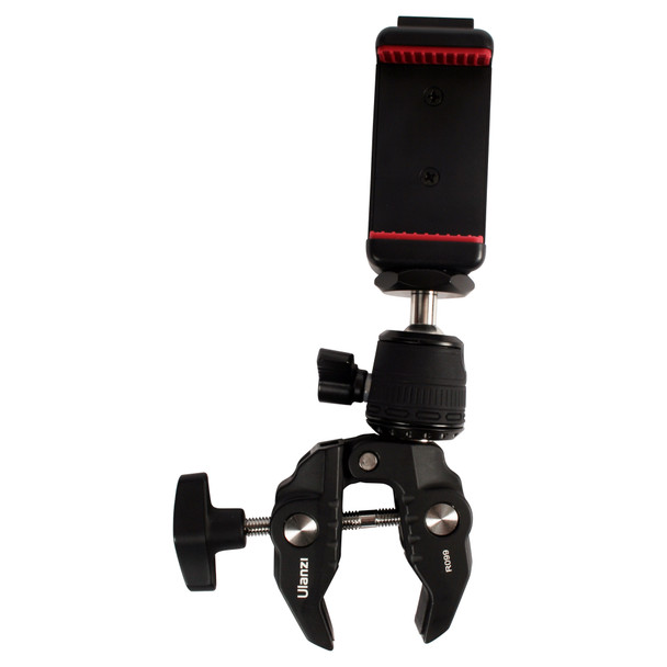 Phone holder connected vertically to a clamp.